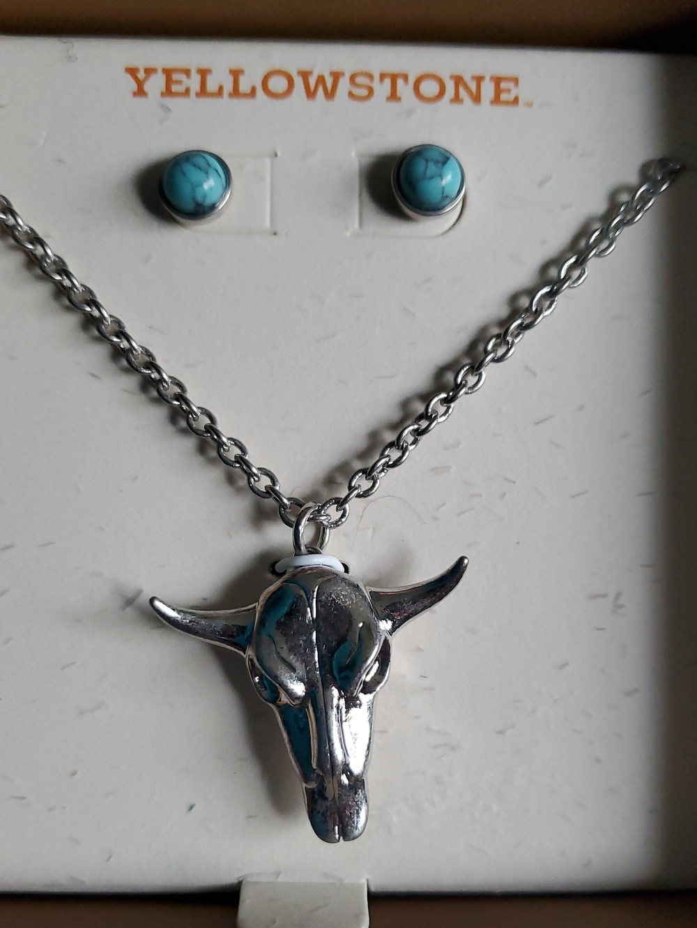 Silver Tone Cow Skull Pendant Necklace And Earring Set